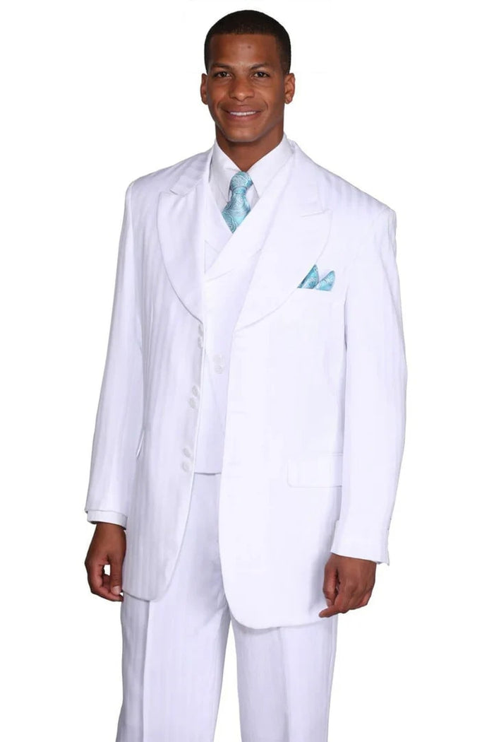 Cheap Priced Suit  - Mens Fashion Slanted Vested Peak Lapel Tonal Pinstripe White Suit
