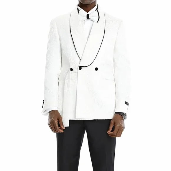 Knot Side Textured Paisley 2pc Tuxedo, White - 38 Short Jacket+32 Waist Adjustable 28to34)(Height: 5 4 to5 7 )(Neck  15-16.5)S-M)