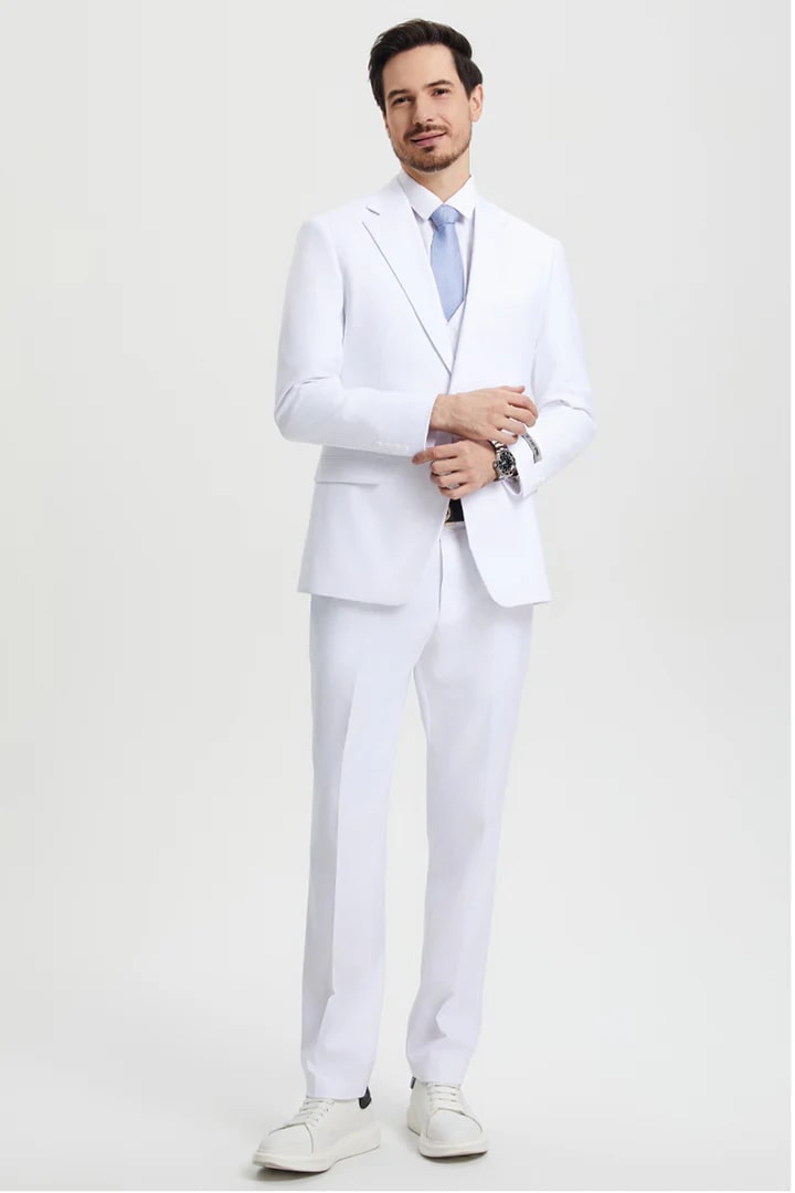 Cheap Priced Suit- Men's Two Button Vested Stacy Adams Basic Designer Sharkskin White Suit - 38 Short Jacket+32 Waist Adjustable 28to34)(Height: 5 4 to5 7 )(Neck  15-16.5)S-M)