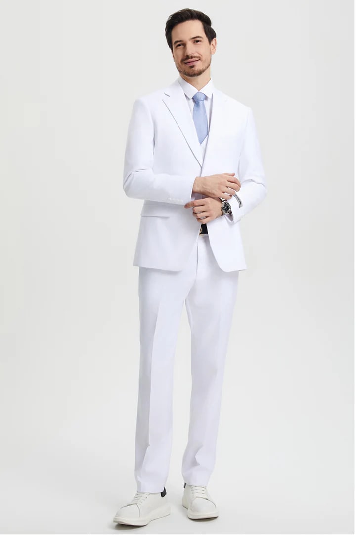 Cheap Suit - Men's Two Button Vested Stacy Adams Basic Designer Sharkskin White Suit