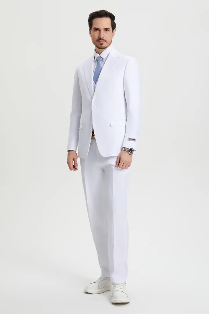 Cheap Priced Suit- Men's Two Button Vested Stacy Adams Basic Designer Sharkskin White Suit - 38 Short Jacket+32 Waist Adjustable 28to34)(Height: 5 4 to5 7 )(Neck  15-16.5)S-M)