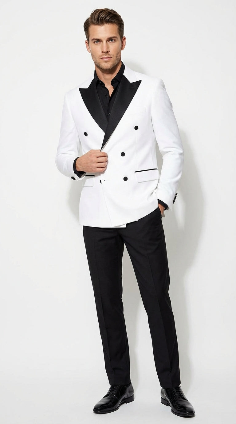 Men’s White Double Breasted Blazer Tuxedo Dinner Jacket with Black Satin Lapel White and Black Color - 38 Short Jacket+32 Waist Adjustable 28to34)(Height: 5 4 to5 7 )(Neck  15-16.5)S-M)