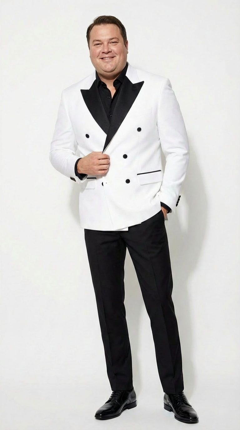 Men’s White Double Breasted Blazer Tuxedo Dinner Jacket with Black Satin Lapel White and Black Color - 38 Short Jacket+32 Waist Adjustable 28to34)(Height: 5 4 to5 7 )(Neck  15-16.5)S-M)