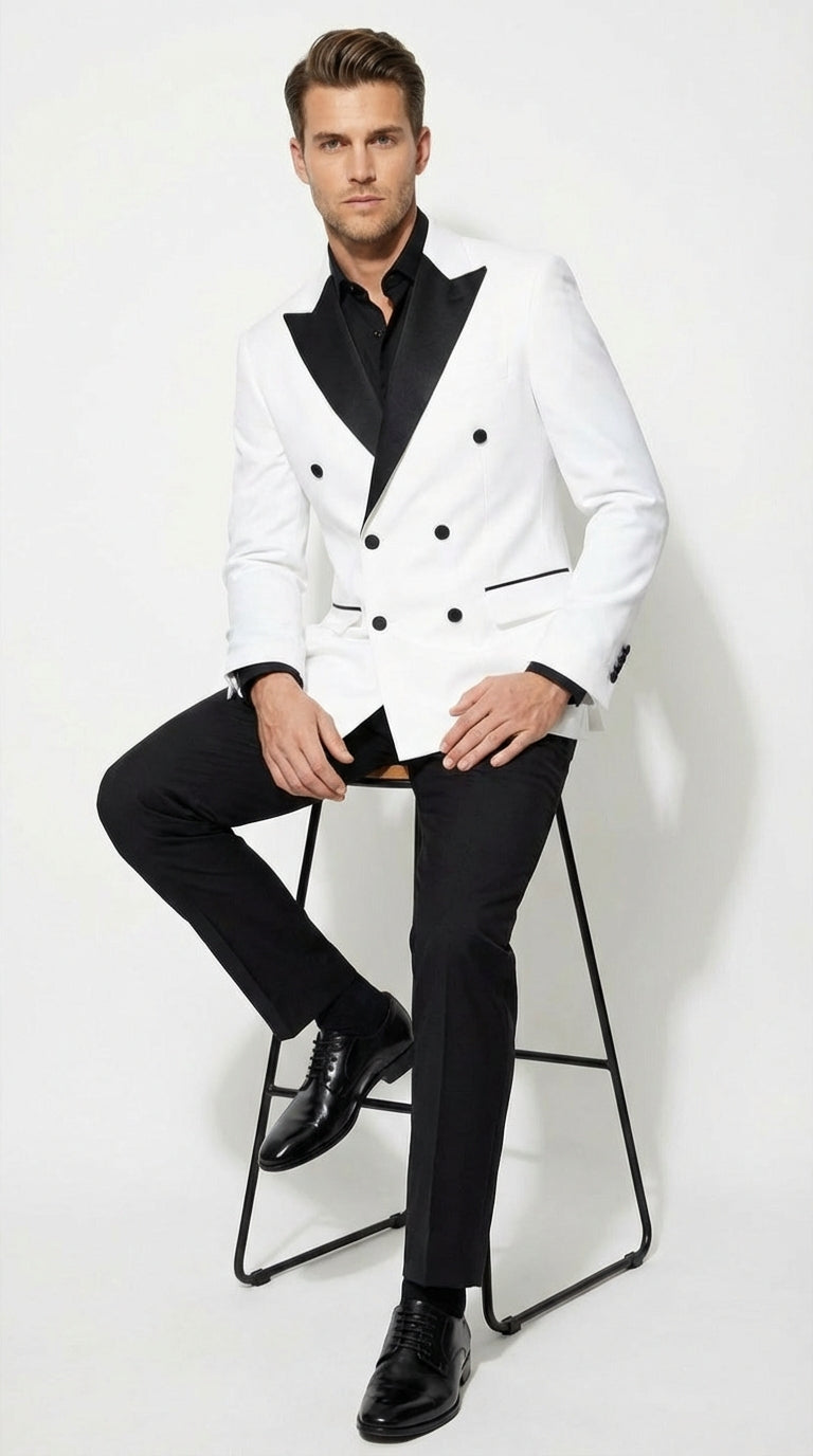 Men’s White Double Breasted Blazer Tuxedo Dinner Jacket with Black Satin Lapel White and Black Color - 38 Short Jacket+32 Waist Adjustable 28to34)(Height: 5 4 to5 7 )(Neck  15-16.5)S-M)