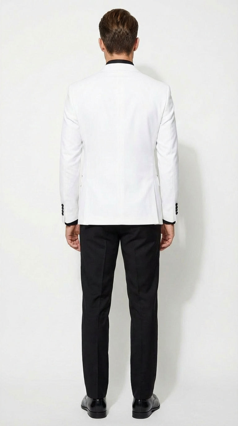 Men’s White Double Breasted Blazer Tuxedo Dinner Jacket with Black Satin Lapel White and Black Color - 38 Short Jacket+32 Waist Adjustable 28to34)(Height: 5 4 to5 7 )(Neck  15-16.5)S-M)