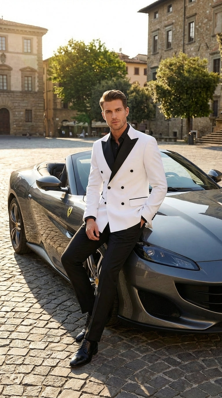 Men’s White Double Breasted Blazer Tuxedo Dinner Jacket with Black Satin Lapel White and Black Color - 38 Short Jacket+32 Waist Adjustable 28to34)(Height: 5 4 to5 7 )(Neck  15-16.5)S-M)