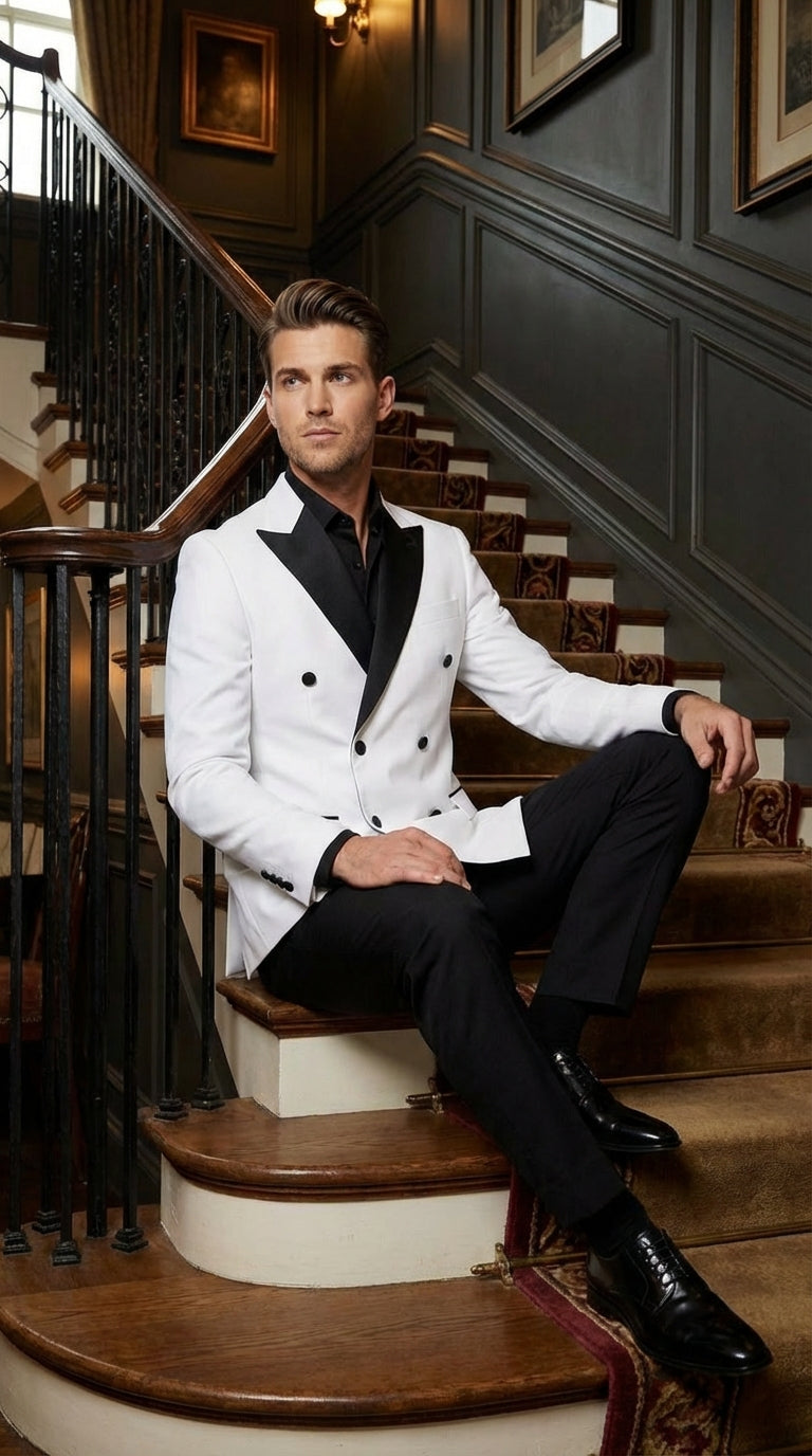 Men’s White Double Breasted Blazer Tuxedo Dinner Jacket with Black Satin Lapel White and Black Color - 38 Short Jacket+32 Waist Adjustable 28to34)(Height: 5 4 to5 7 )(Neck  15-16.5)S-M)