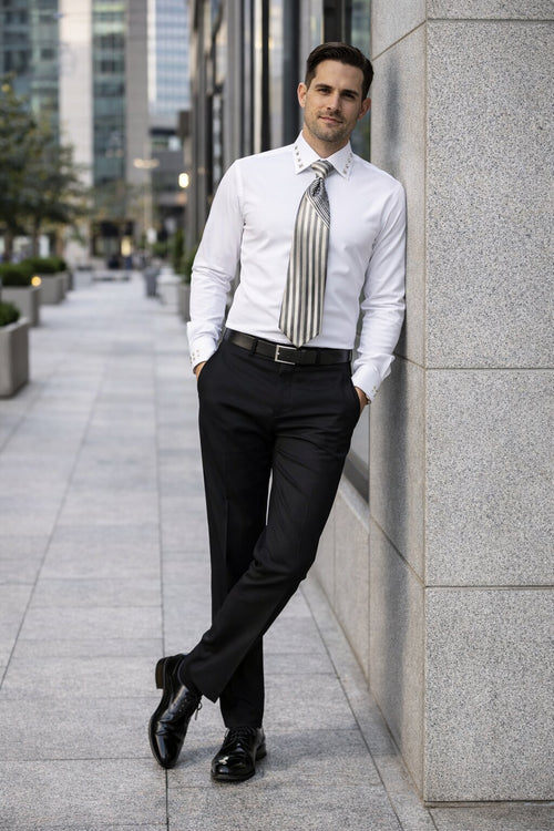 French Cuff + Tie + Handkerchief Men's Dress Shirt With Tie