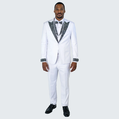 Mens White Peak Lapel Tuxedo with Stones Luxury 4-Piece Formal Suit