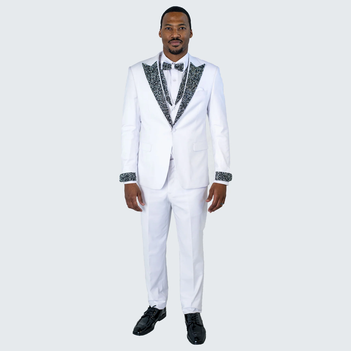 Mens White Peak Lapel Tuxedo with Stones Luxury 4-Piece Formal Suit