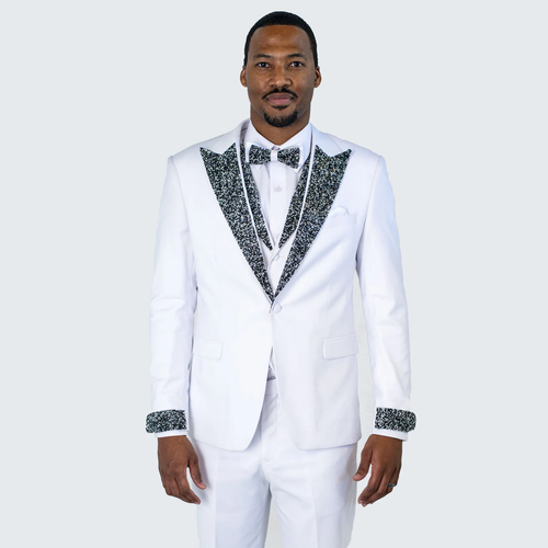 Mens White Peak Lapel Tuxedo with Stones Luxury 4-Piece Formal Suit