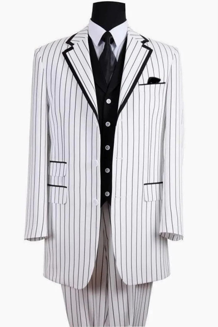 Zoot Suit - Mens 3 Button Vested Barbershop Quartet White With Black Pinstripe Suit