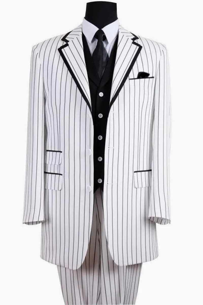 Zoot Suit - Mens 3 Button Vested Barbershop Quartet White With Black Pinstripe Suit