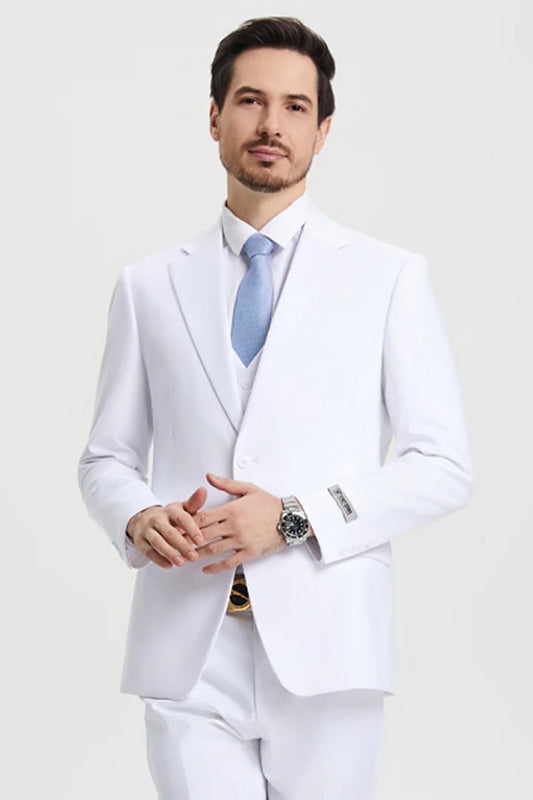 Cheap Suit - Men's Two Button Vested Stacy Adams Basic Designer Sharkskin White Suit