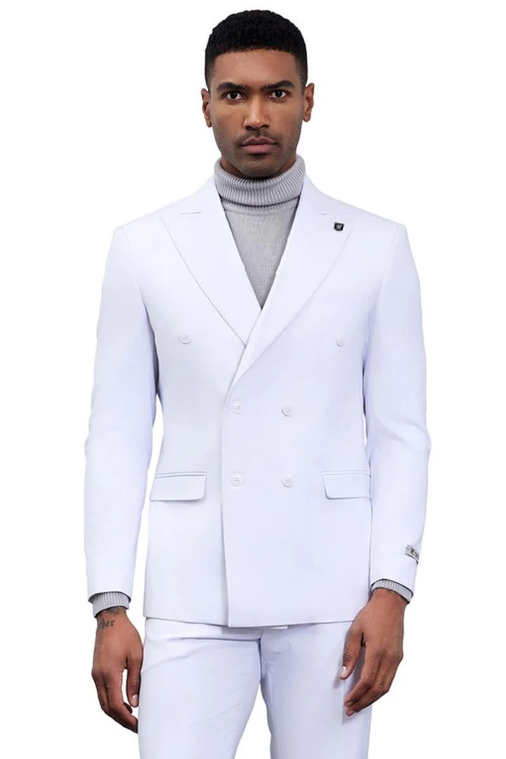 Cheap Suit - Men's Designer Stacy Adams Classic Double Breasted White Suit