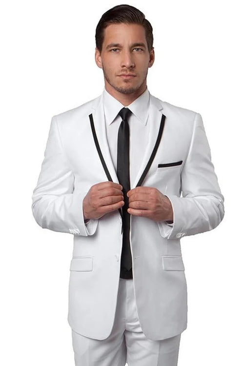 Cheap Priced Suit - Men's Two Button Slim Fit Wedding & Prom 2026 Tuxedo Suit White With Black Piping