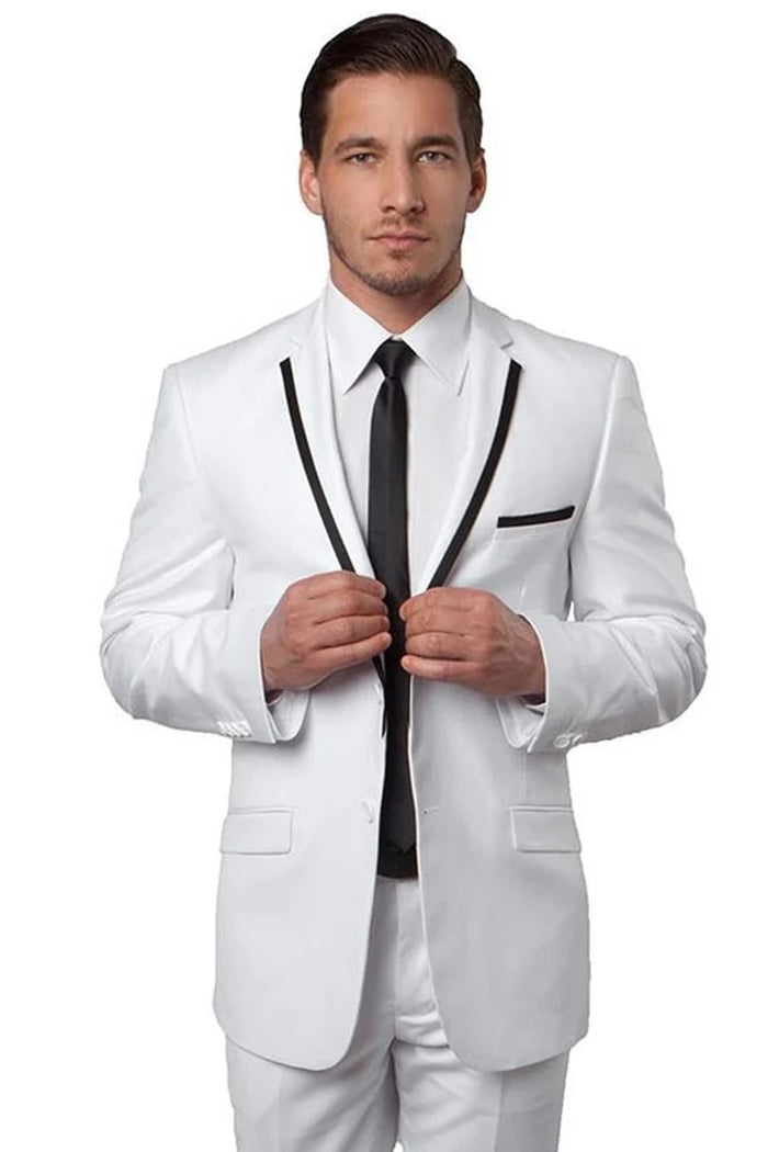 Cheap Priced Suit - Men's Two Button Slim Fit Wedding & Prom 2026 Tuxedo Suit White With Black Piping