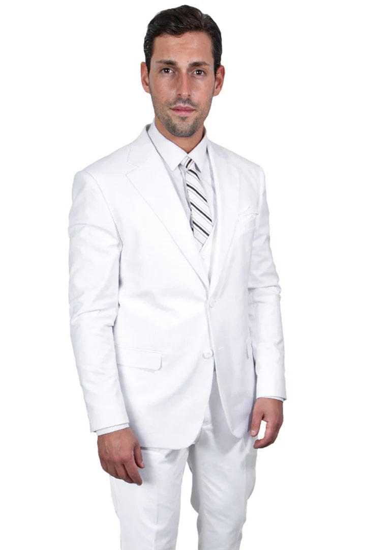 Cheap priced Suit - Men's Two Button Vested Stacy Adams Basic White Suit - 38 Short Jacket+32 Waist Adjustable 28to34)(Height: 5 4 to5 7 )(Neck  15-16.5)S-M)