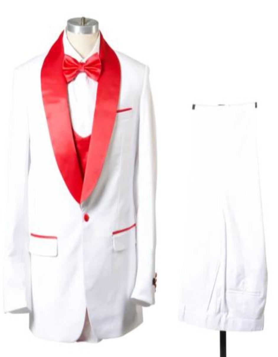 1 Button Shawl Lapel Tuxedo With Vest White And Red