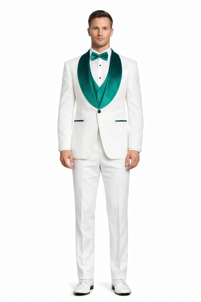White and Teal Blue Lapel Tuxedo With Vest and Pants - Wedding Groom Suit