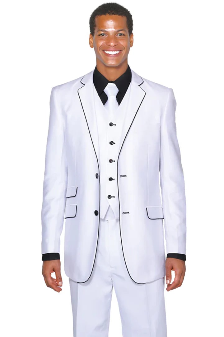 Cheap Priced Suit - Mens Vested Slim Fit Shiny Sharkskin Tuxedo Suit In White With Black Piping - 38 Short Jacket+32 Waist Adjustable 28to34)(Height: 5 4 to5 7 )(Neck  15-16.5)S-M)
