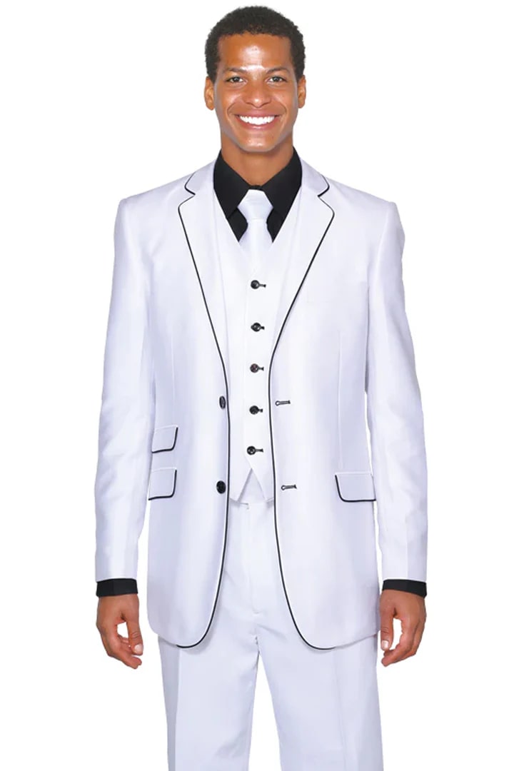 Cheap Suit - Mens Vested Slim Fit Shiny Sharkskin Tuxedo Suit In White With Black Piping