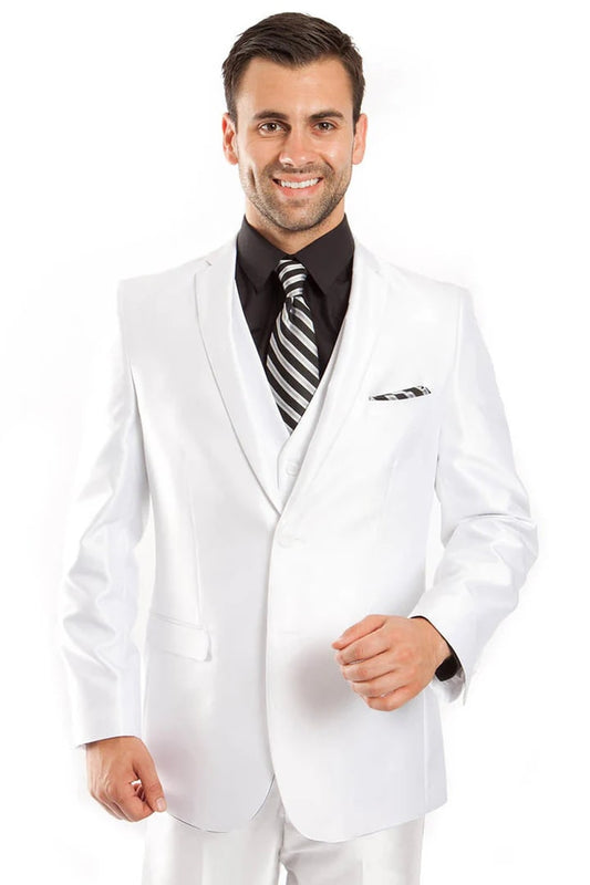 Cheap Suit - Men's Two Button Vested Shiny Sharkskin Wedding & Prom Fashion White Suit White Seersucker Suits