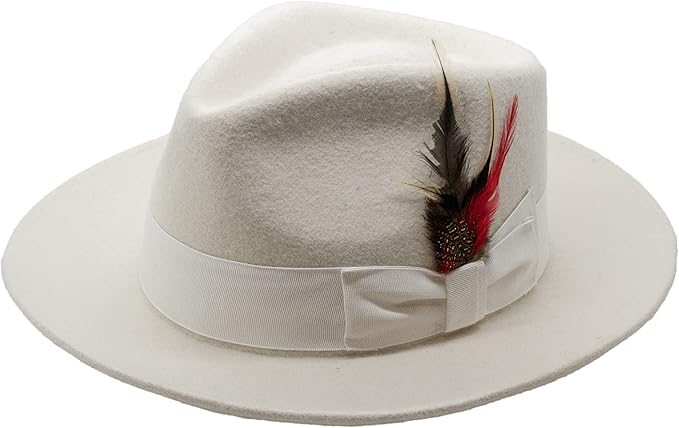 Gangster 100% Austrailian Wool Crushable Mens Fedora Hat - Removable Feather Gangster White Mens Fedora Hat - Small