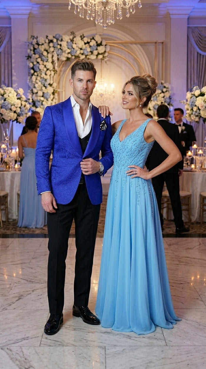 Men’s Royal Blue Prom Tuxedo Jacket, Textured Shawl Lapel Homecoming and Wedding Formal Blazer