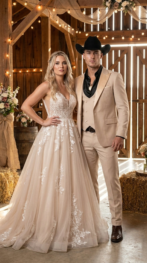 Mens Light Beige Western 3-Piece Suit – Cowboy Tuxedo with Shawl Lapel