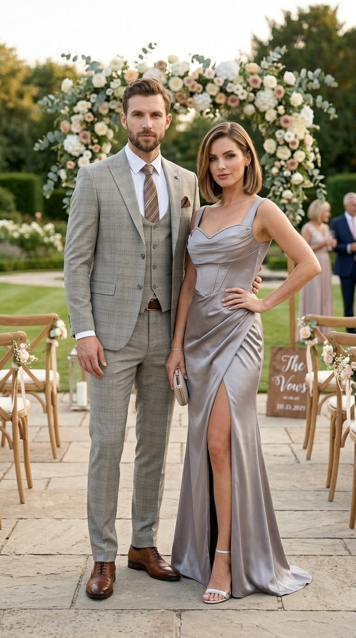 Men’s Khaki Glen Plaid Stacy Adams 3 Piece Suit, Two Button Peak Lapel Formal Wedding Suit Set