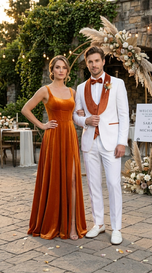 Men’s Cream Wedding Suit with Orange Contrast Shawl Lapel, Vested Groom Formal Suit Set
