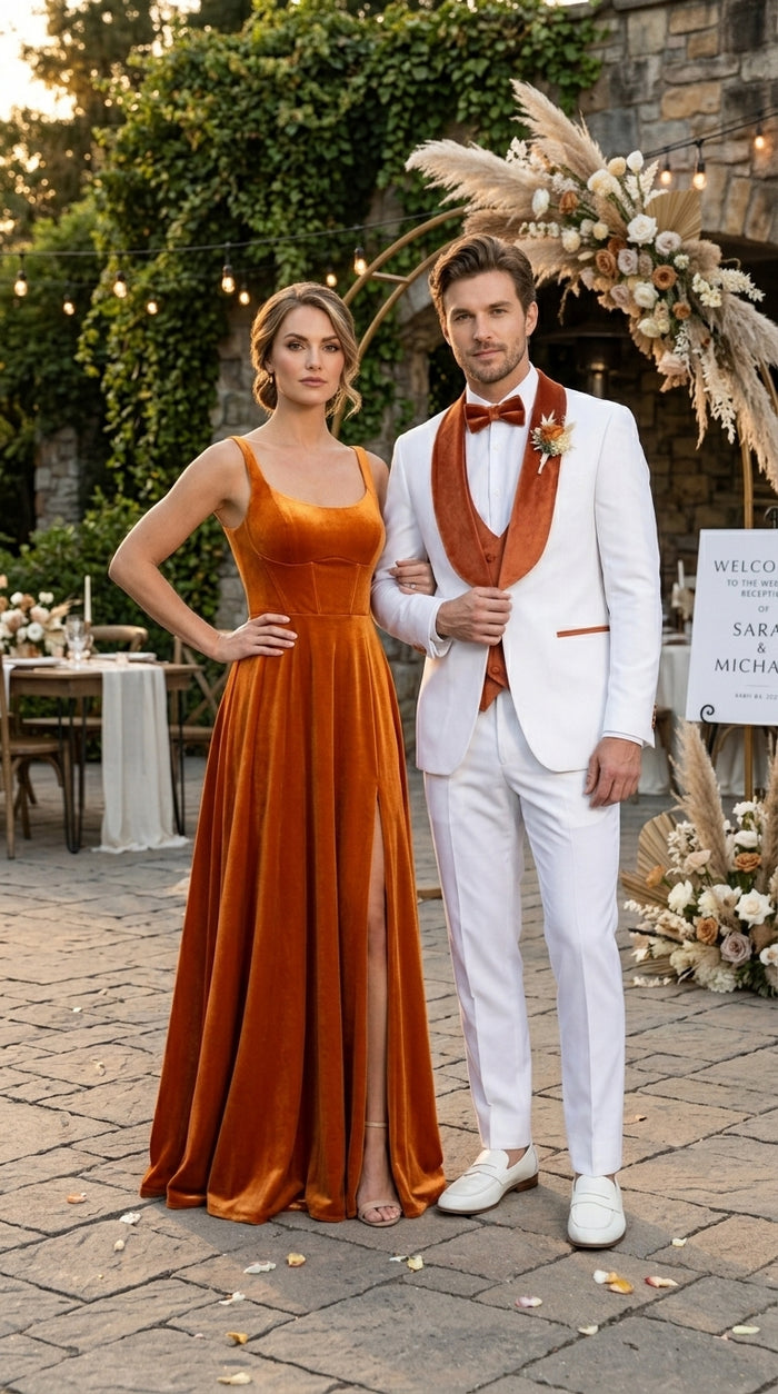 Men’s Cream Wedding Suit with Orange Contrast Shawl Lapel, Vested Groom Formal Suit Set