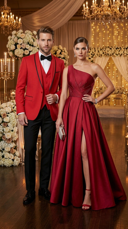 Statement Men’s Red 100% Wool Vested Tuxedo with Black Trim Fine Lapel, Wedding Prom Formal Suit Set