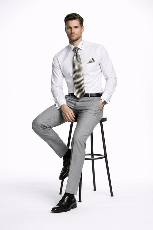 French Cuff + Tie + Handkerchief Men's Dress Shirt With Tie