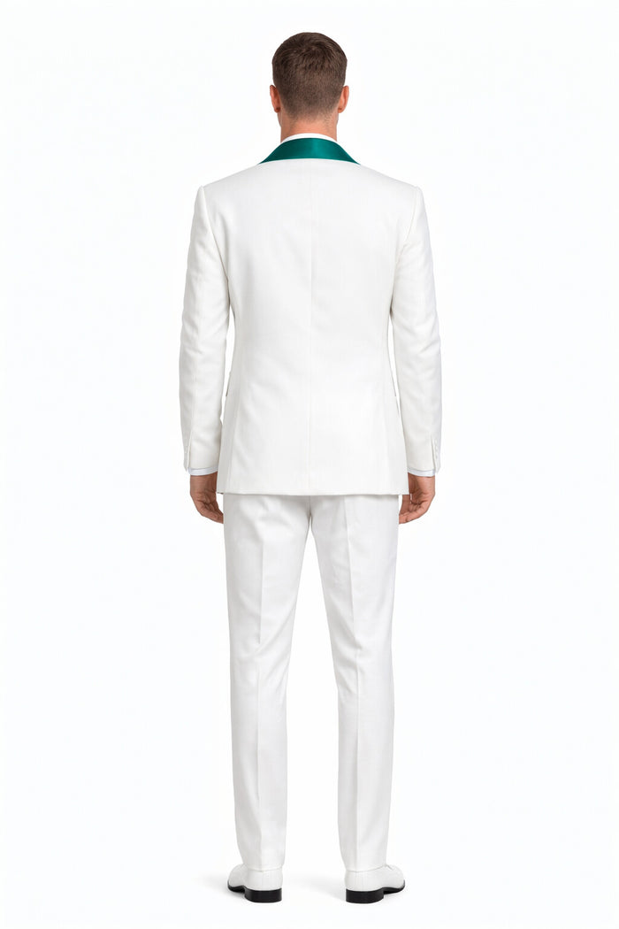 White and Teal Blue Lapel Tuxedo With Vest and Pants - Wedding Groom Suit