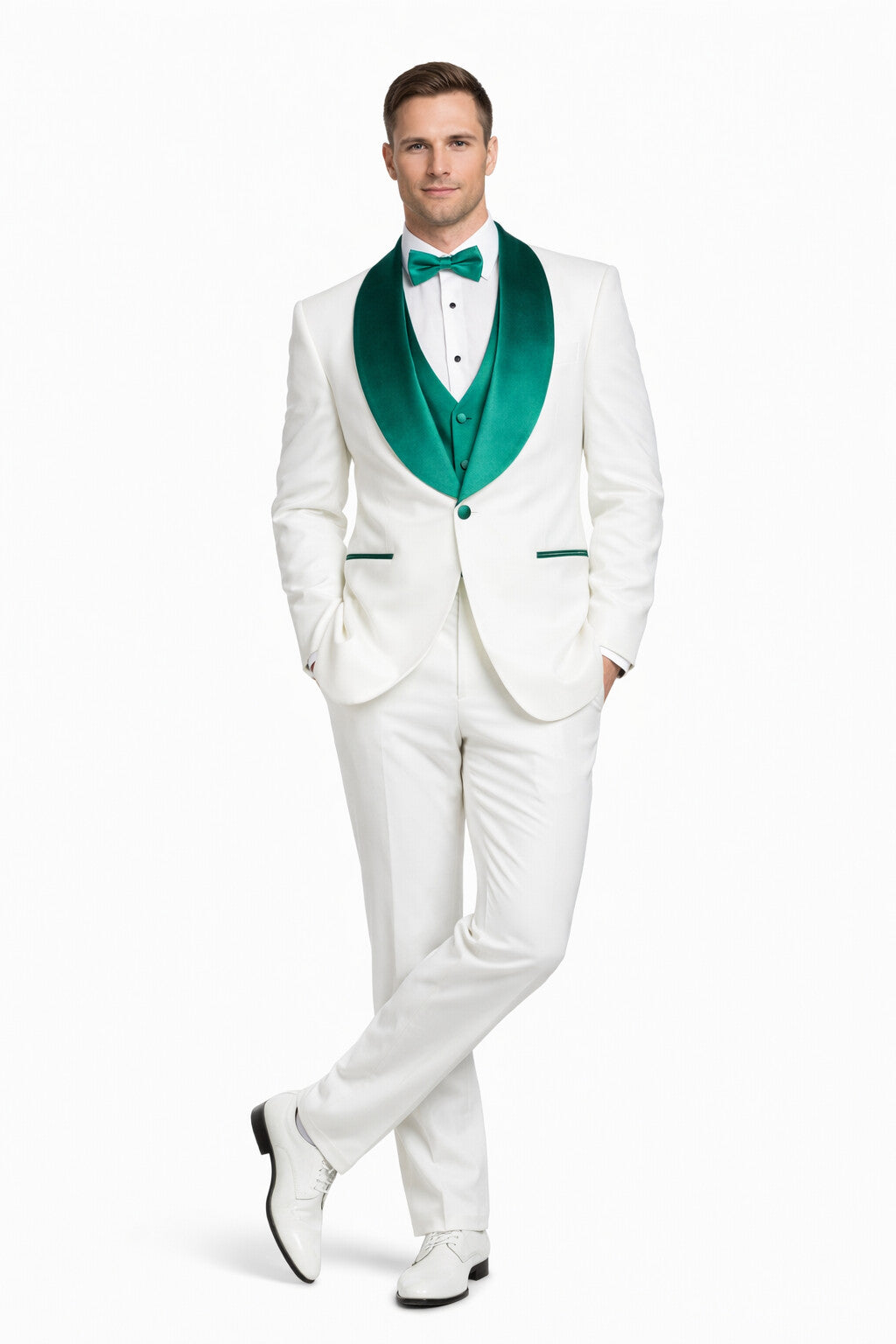 White and Teal Blue Lapel Tuxedo With Vest and Pants - Wedding Groom Suit