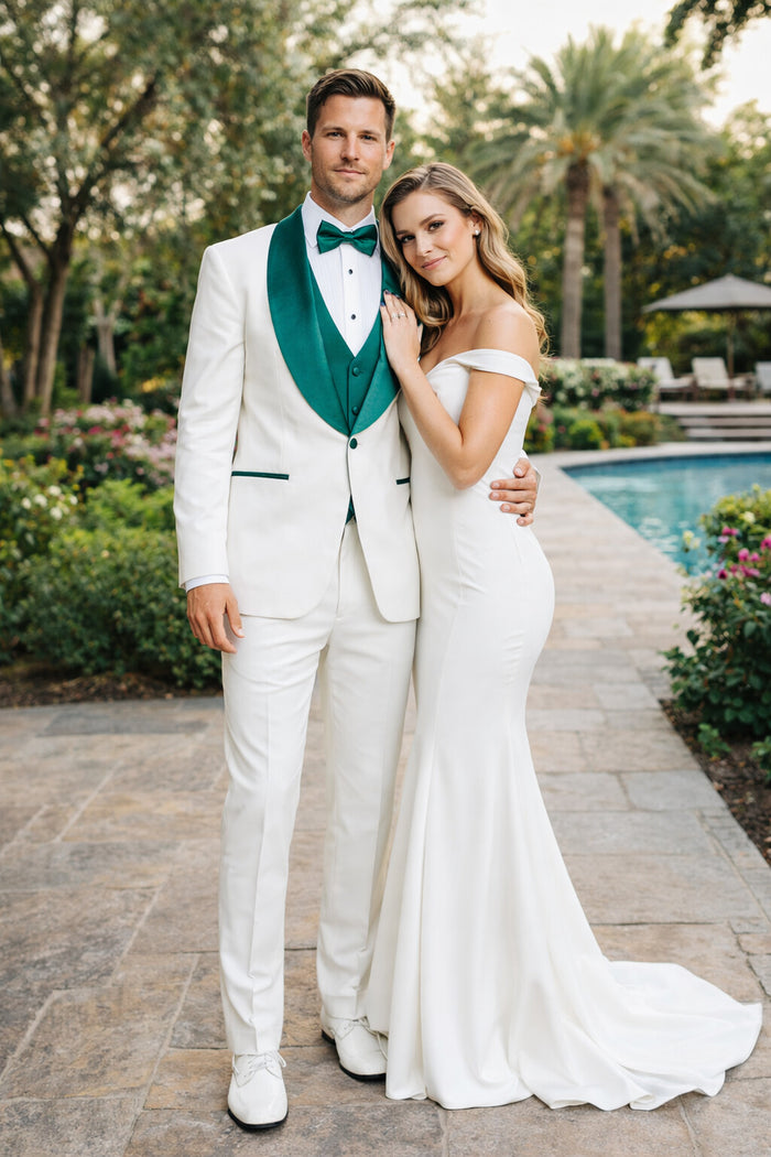 White and Teal Blue Lapel Tuxedo With Vest and Pants - Wedding Groom Suit