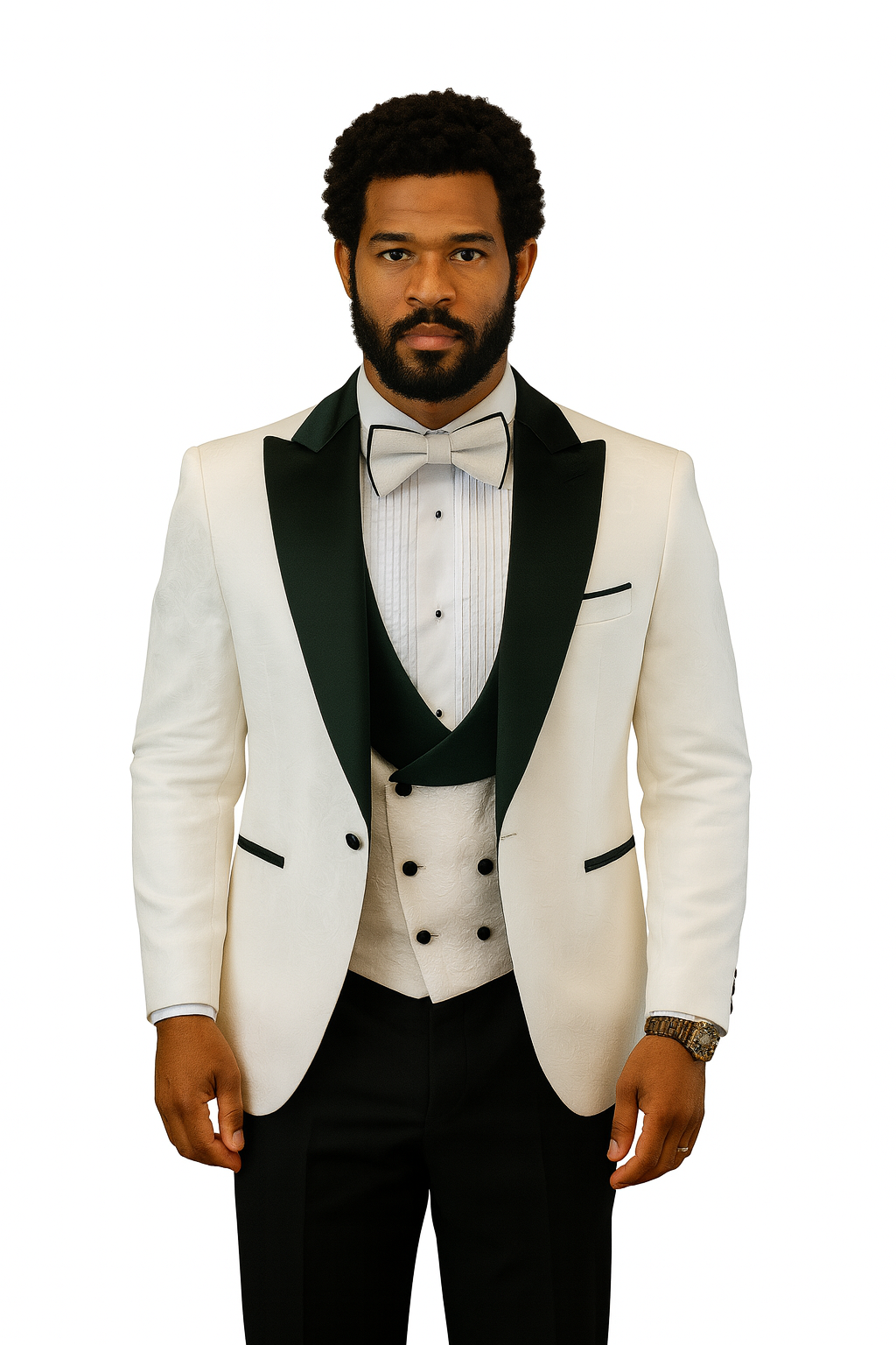 Hilton White and Black Paisley Peak Lapel Tuxedo Jacket with Matching Shawl Vest and Wool Pants – Includes Bow Tie - 34 Short or Extra Small