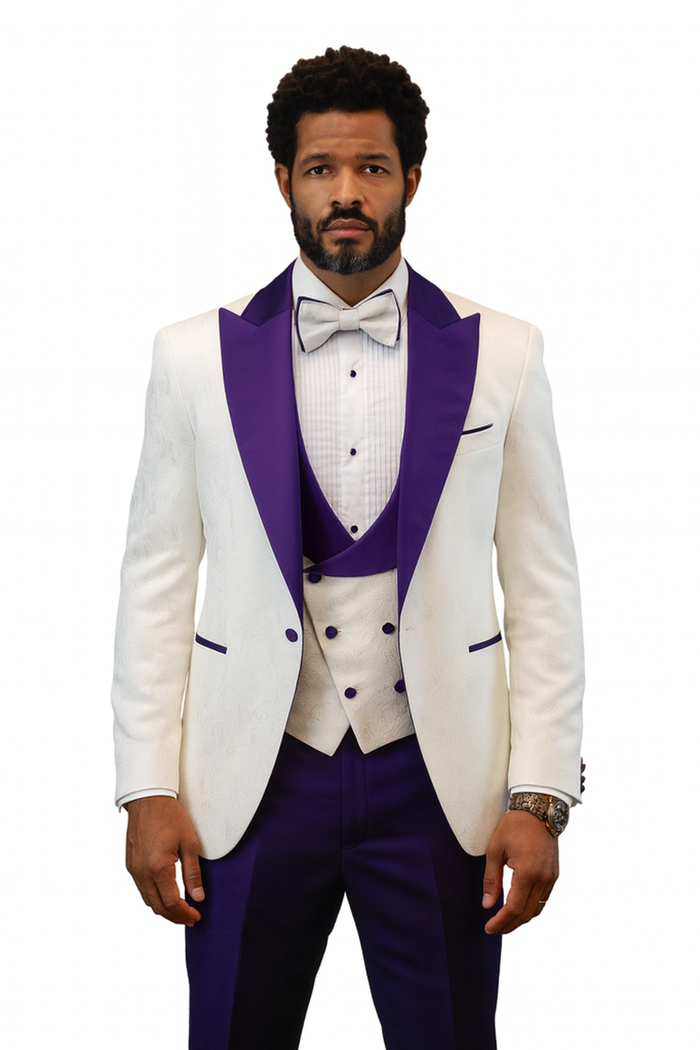 Hilton White and Purple Paisley Peak Lapel Tuxedo Jacket with Matching Shawl Vest and Wool Pants Includes Bow Tie