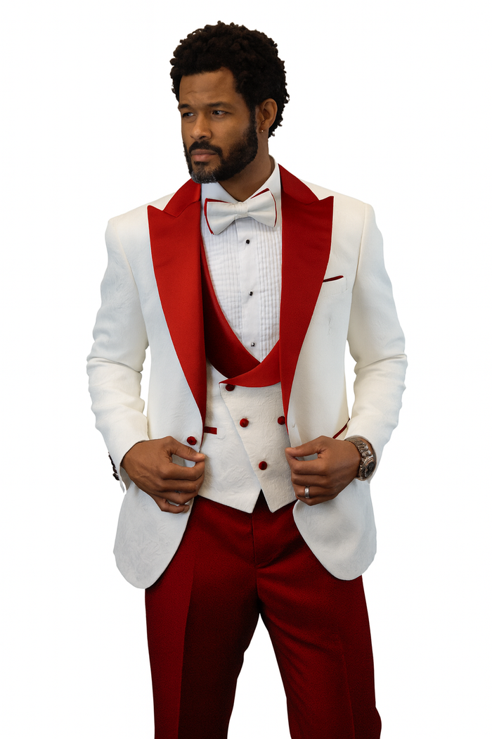 Hilton White and Red Paisley Peak Lapel Tuxedo Jacket with Matching Shawl Vest and Wool Pants Includes Bow Tie