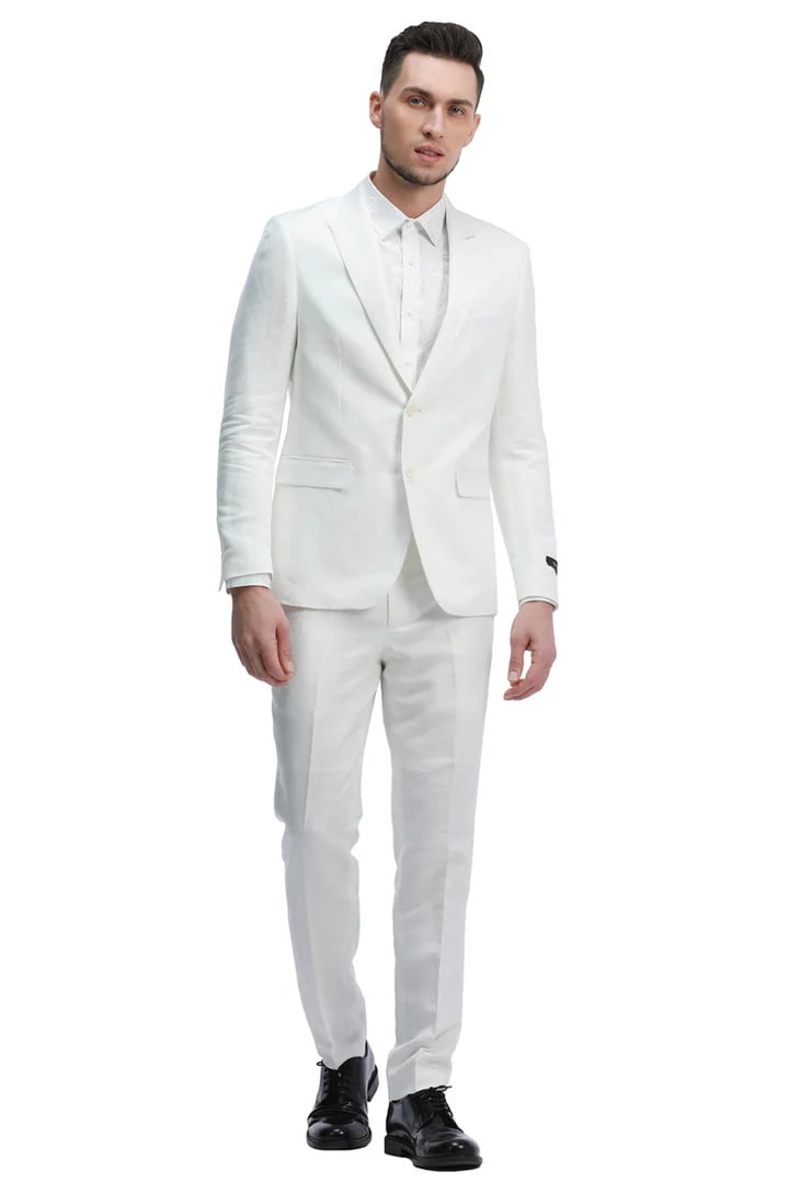 Cheap Suit - Men's Two Button Peak Lapel Summer Linen Style Beach Wedding White Suit - 38 Short Jacket+32 Waist Adjustable 28to34)(Height: 5 4 to5 7 )(Neck  15-16.5)S-M)