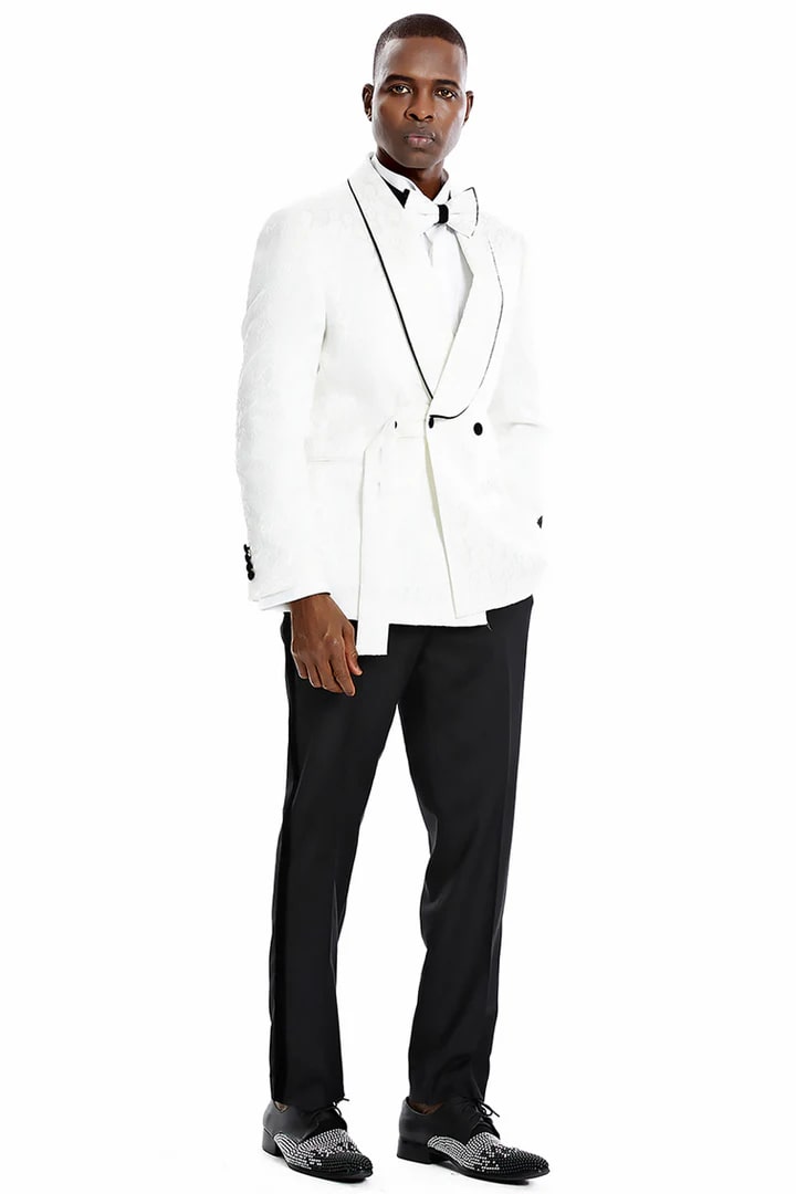 Cheap priced Suit - Men's Slim Fit Double Breasted Smoking Jacket Prom 2026 & Wedding  White Tuxedo Paisley - 38 Short Jacket+32 Waist Adjustable 28to34)(Height: 5 4 to5 7 )(Neck  15-16.5)S-M)