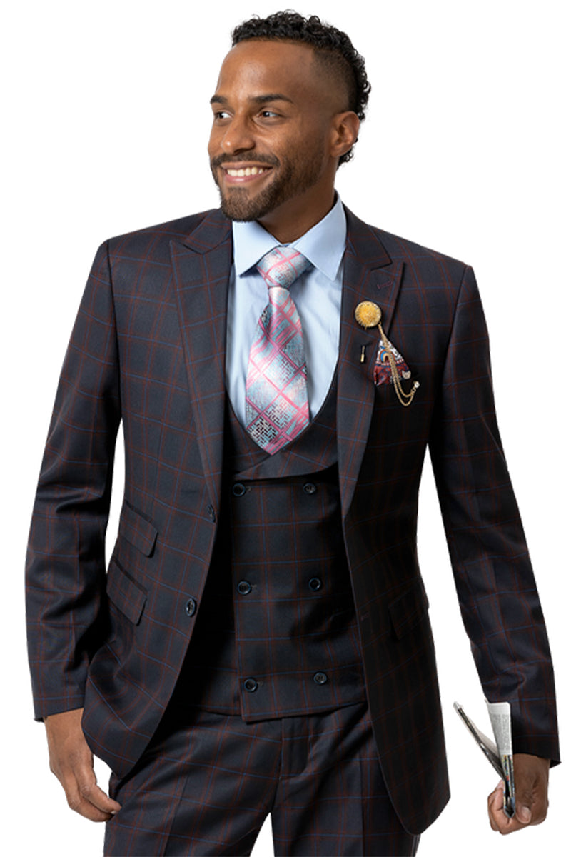 "Men's Plaid Fashion Suit - Two Button Vested in Navy & Red Windowpane"