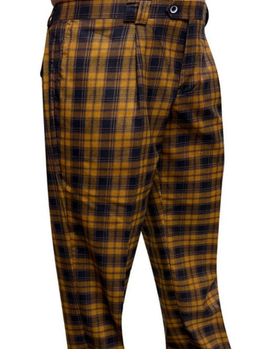 Mens Designer Wool Pleated Wide Leg Dress Pants in Copper and Mustard Plaid