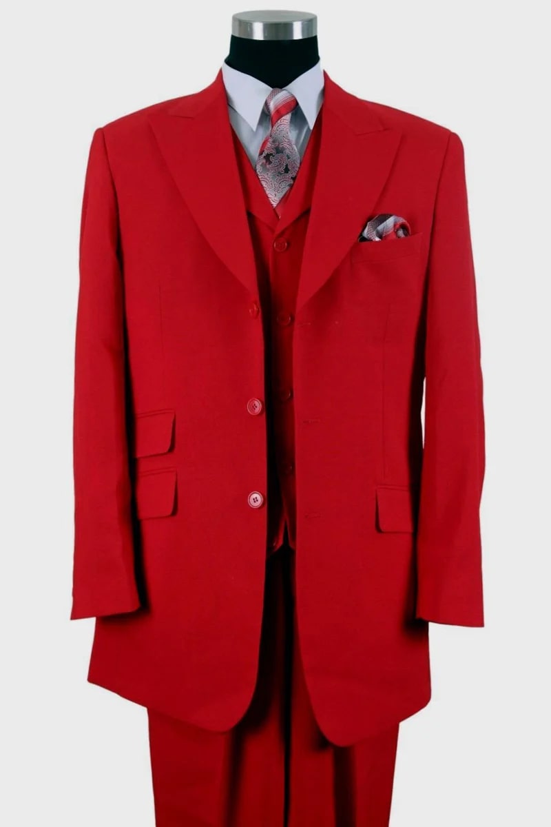 Mens 3 Button Vested Wide Peak Lapel Suit with Semi-Wide Pants in Red - 38 Short Jacket+32 Waist Adjustable 28to34)(Height: 5 4 to5 7 )(Neck  15-16.5)S-M)