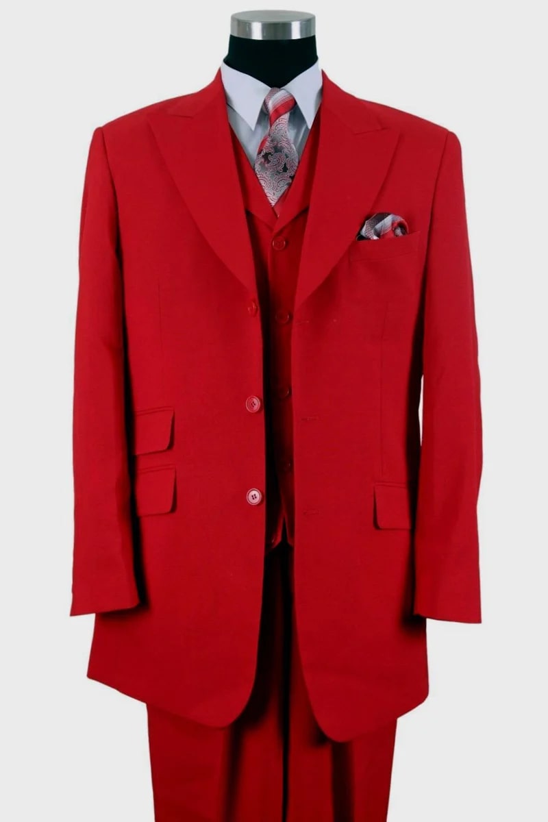 Mens 3 Button Vested Wide Peak Lapel Suit with Semi-Wide Pants in Red