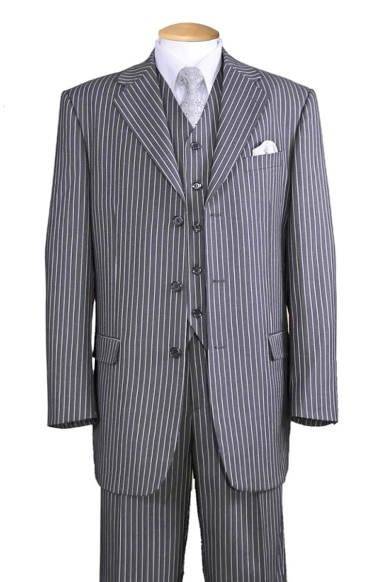 Mens Vested 3 Button 1920's Bold Gangster Chalk Pinstripe Suit in Grey