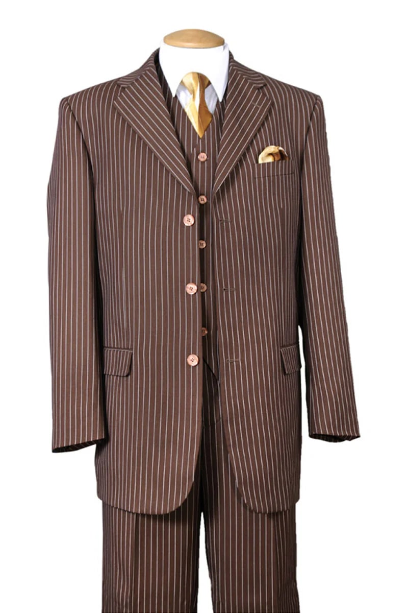 Mens Vested 3 Button 1920's Bold Gangster Chalk Pinstripe Suit in Brown