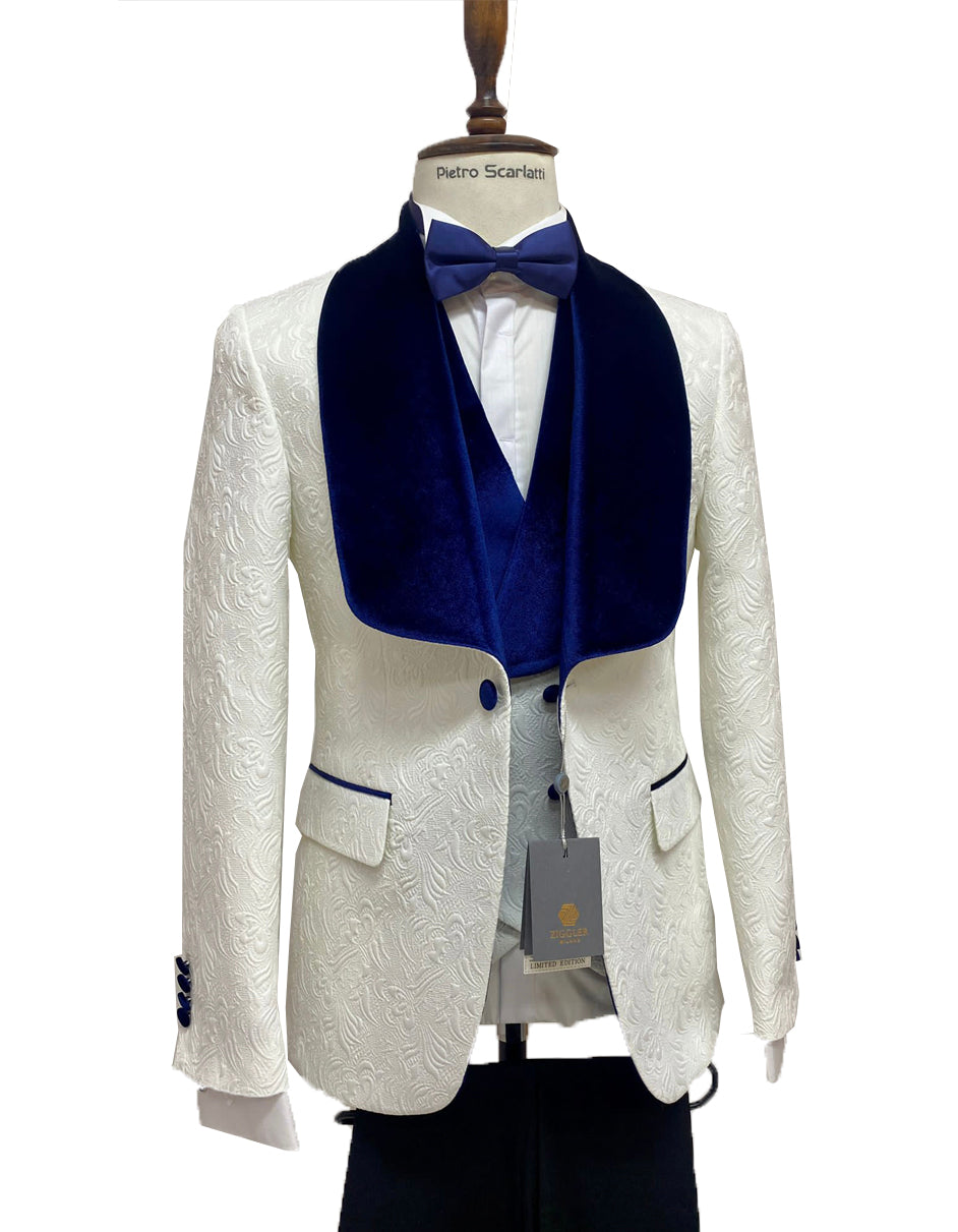 Mens Royal Blue Prom Tuxedo - Mens Vested Designer Wide Royal Blue Velvet Shawl Tuxedo in Ivory Paisley